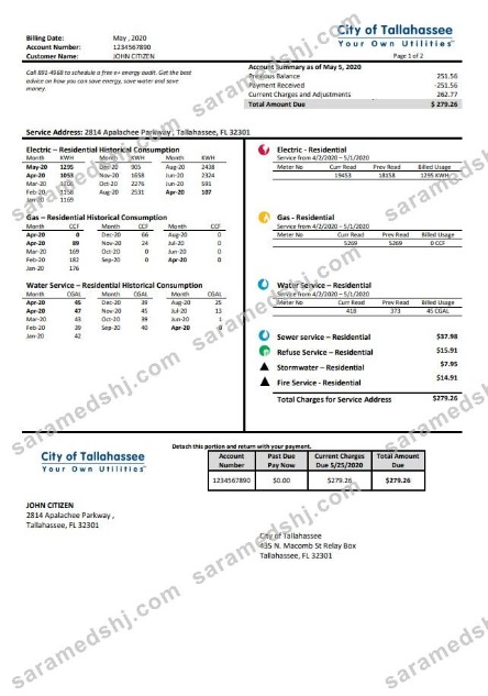 USA Florida City of Tallahassee Florida Your Own Utilities bill template in Word and PDF format